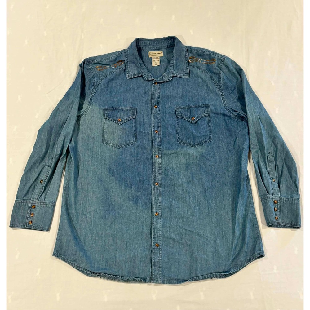 Scandia Woods Mens XL Denim Western Shirt Southwestern Embroidered Blue Cotton
